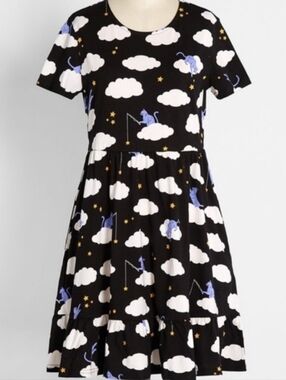 Modcloth Wishing On A Star Cat Clouds Novelty Print Babydoll Retro Cotton Dress